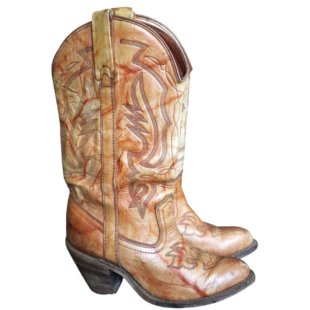 Vintage 80s Capezio Western Marbled Tan Leather Stacked Heel Women Boots 8 Retro